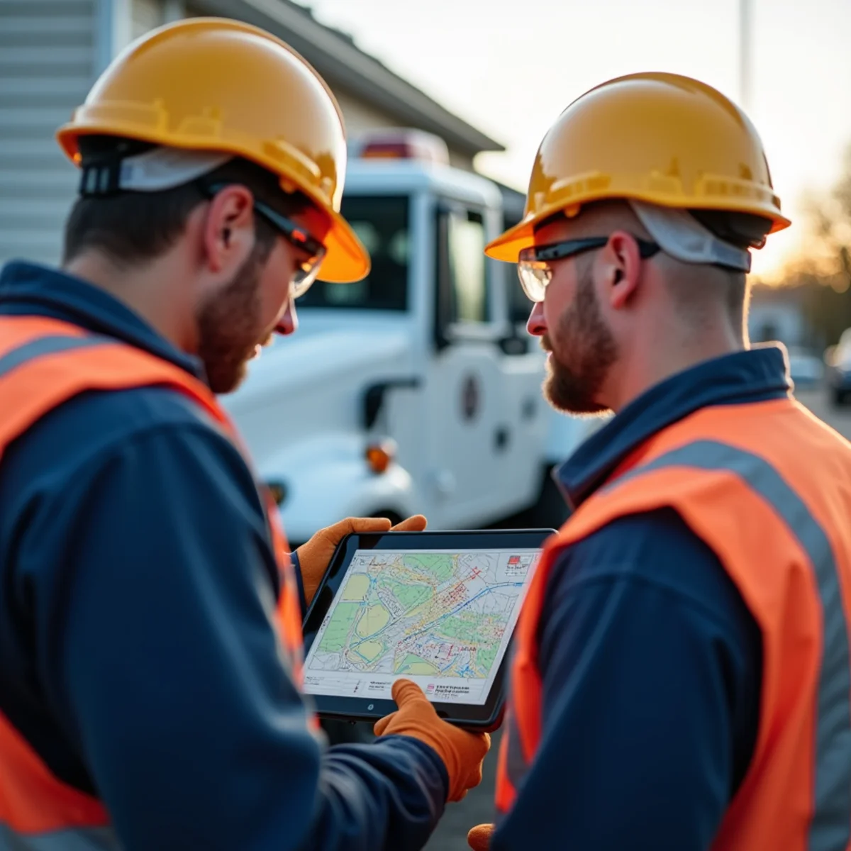 Sewer technicians consulting municipal utility maps before excavation