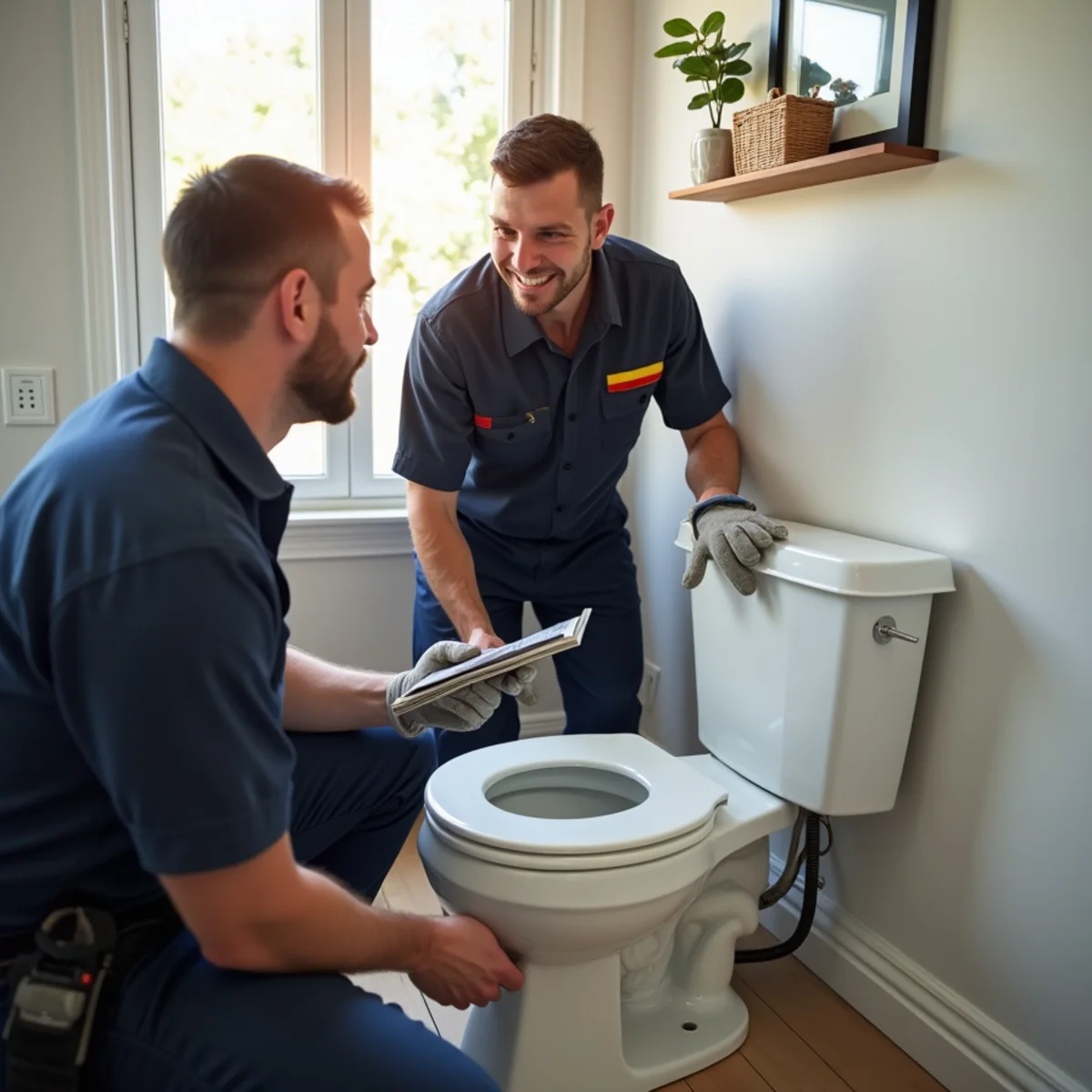 Technician explaining completed Toilet Repair & Installation maintenance to homeowner