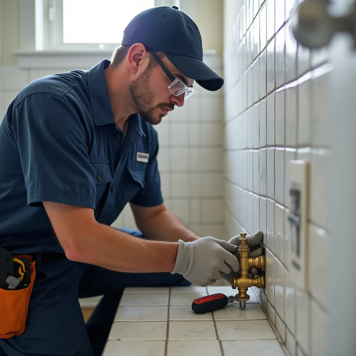 Plumber installing precision shower cartridge in South Suburban bathroom